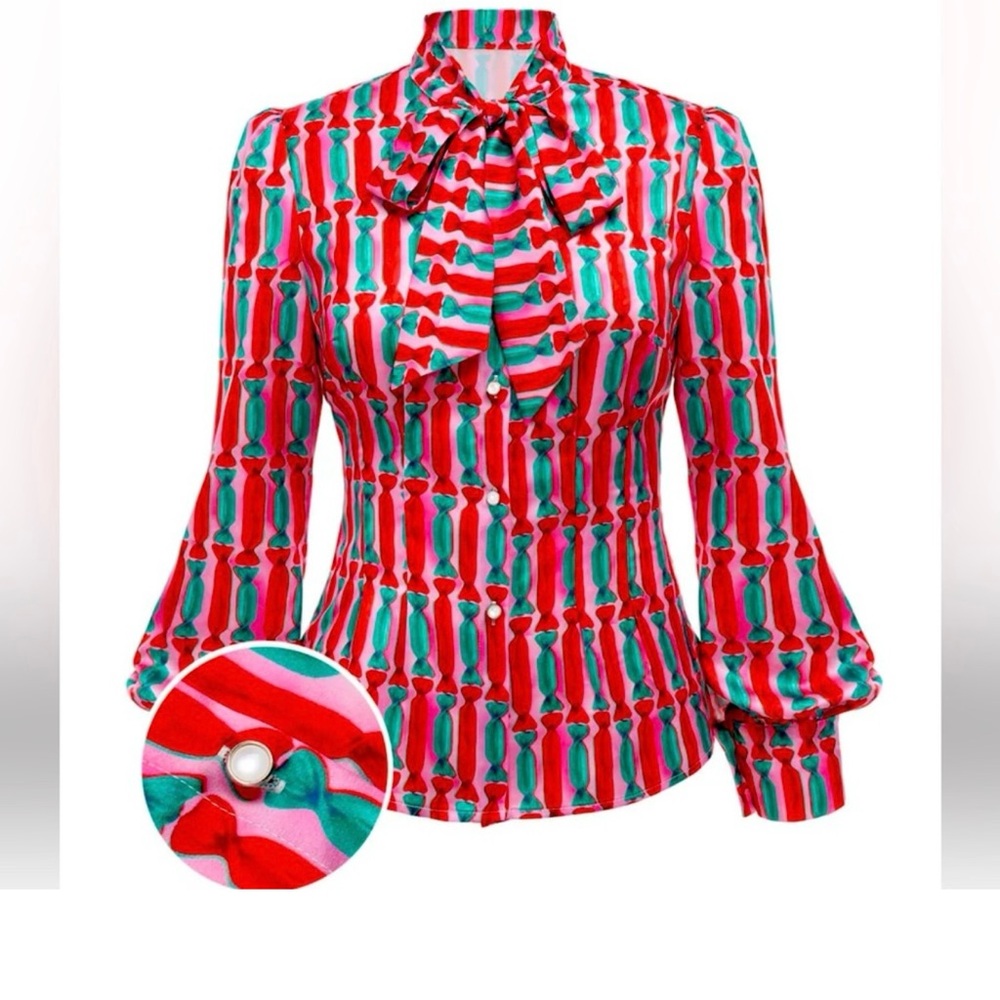NWT Women's Red and Green Candy Patterned Blouse